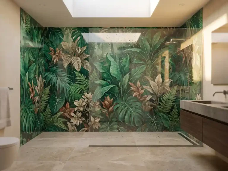 Bedruckte Duschfolie mit tropisch-botanischem Muster in Smaragdgrün und Steinbeige, Wassertropfen auf glänzender Oberfläche, diffuses Tageslicht.