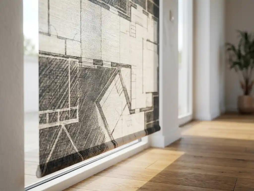 Selbstklebende Rolle mit architektonischem Grafikdruck im sonnendurchfluteten Wohnzimmer mit Eichenparkett und weißen Wänden.