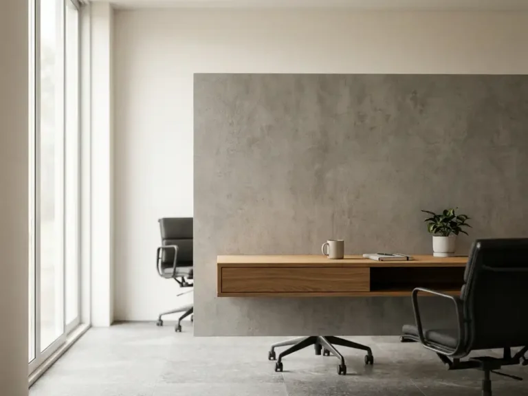 Modernes Büro mit Betonoptik-Folie an Trennwand, schwebendem Eichenholz-Schreibtisch und bodentiefen Fenstern in Anthrazit und Naturstein.