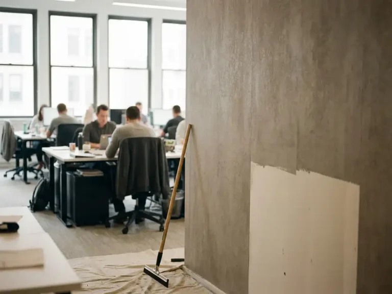 Bürowand halb mit gebürsteter Betonoptik-Folie beklebt, Rakel des Installateurs daneben, modernes Großraumbüro im Hintergrund.