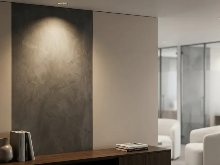 Wandpaneel halb mit anthrazitfarbener Betonoptik-Klebefolie beklebt, neben beiger Laminatoberfläche im Büro, beleuchtet von warmem Richtungsstrahler.