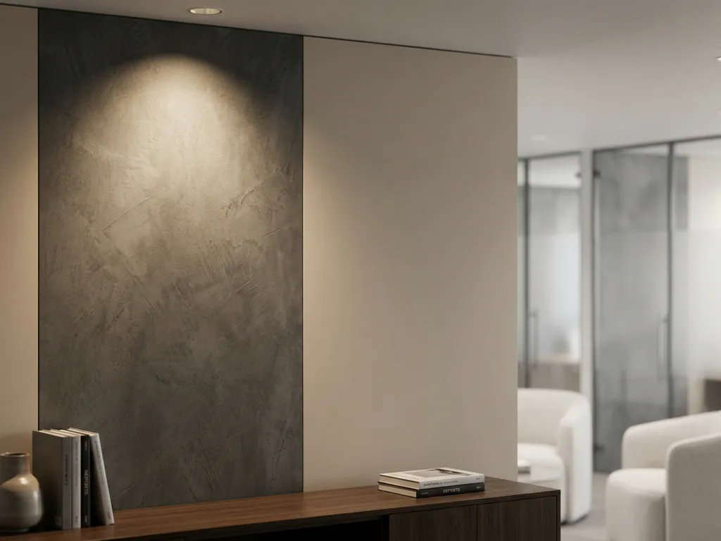 Wandpaneel halb mit anthrazitfarbener Betonoptik-Klebefolie beklebt, neben beiger Laminatoberfläche im Büro, beleuchtet von warmem Richtungsstrahler.