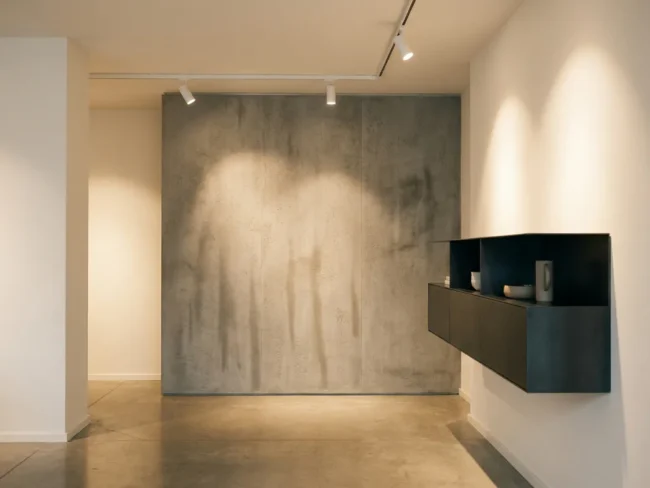 Selbstklebende Betonoptik-Folie auf raumhohem Wandpaneel im minimalistischen Showroom mit anthrazitfarbenem Schweberegal und warmem Spotlicht.