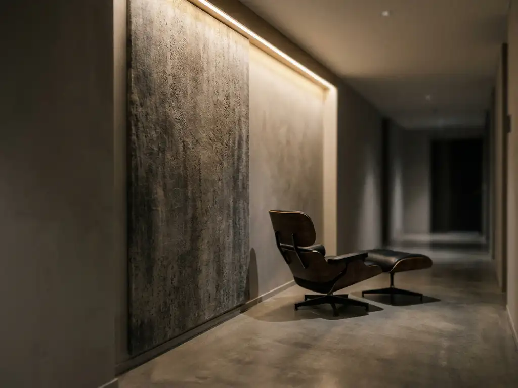 Großformatiges Textilpaneel mit Betonoptik in anthrazit und Warmgrau, installiert in einem minimalistischen Hotelkorridor mit Eames-Stuhl.