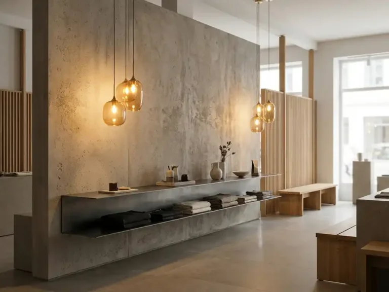 Concept-Store-Interieur mit Betonwand, Pendelleuchten in warmem Bernsteinlicht, anthrazitfarbenem Regal und natürlichen Eichenholzakzenten.