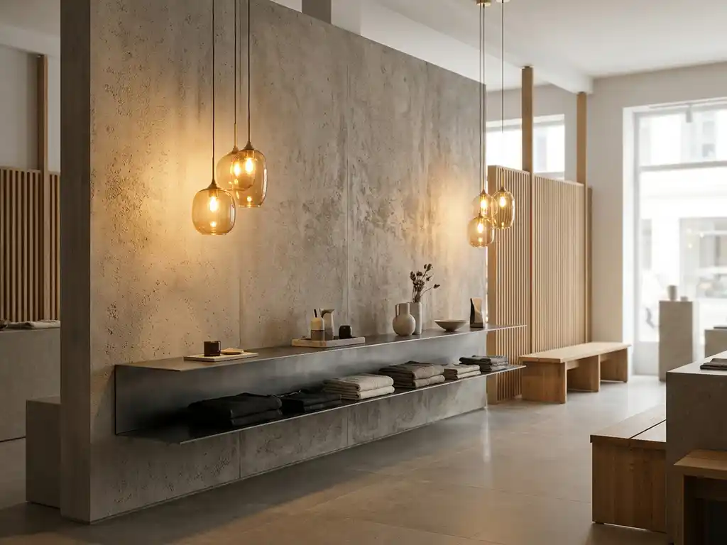 Concept-Store-Interieur mit Betonwand, Pendelleuchten in warmem Bernsteinlicht, anthrazitfarbenem Regal und natürlichen Eichenholzakzenten.