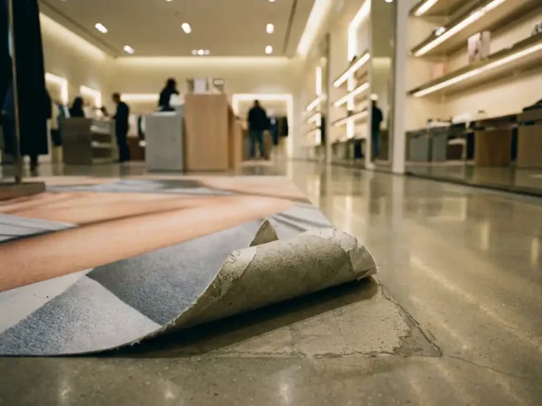 Bodenfolie löst sich an einer Ecke ab und gibt den grauen Betonuntergrund in einem modernen Einzelhandelsgeschäft frei.