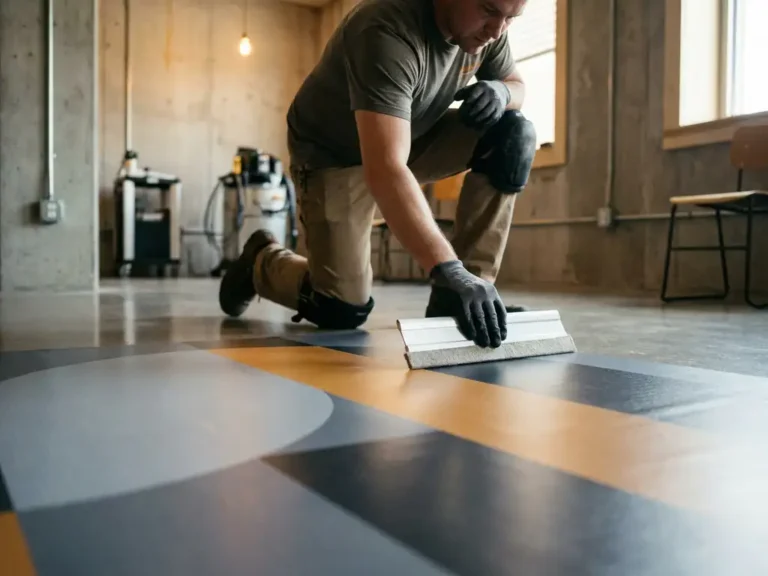 Installateur glättet großformatige Bodenfolie mit Rakel auf Betonboden in modernem Gewerberaum, perfekte Haftung ohne Blasen.