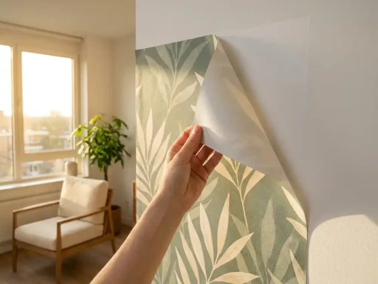 Botanisch gemustertes Klebefolienpanel wird in hellem Mietwohnungs-Wohnzimmer an einer Ecke von der weißen Wand abgezogen.