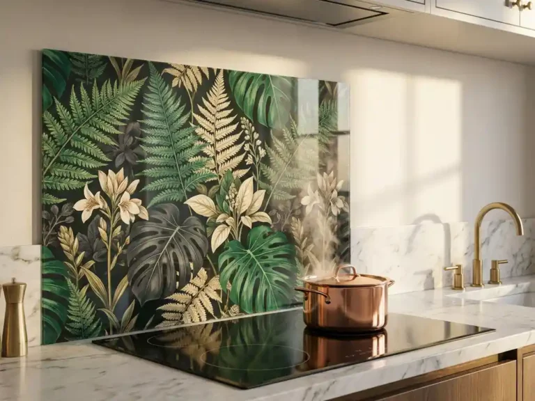 Bedruckte Glasrückwand mit botanischem Muster hinter Induktionskochfeld, Kupfertopf mit Dampf, Marmor-Arbeitsplatte und Messingarmaturen.