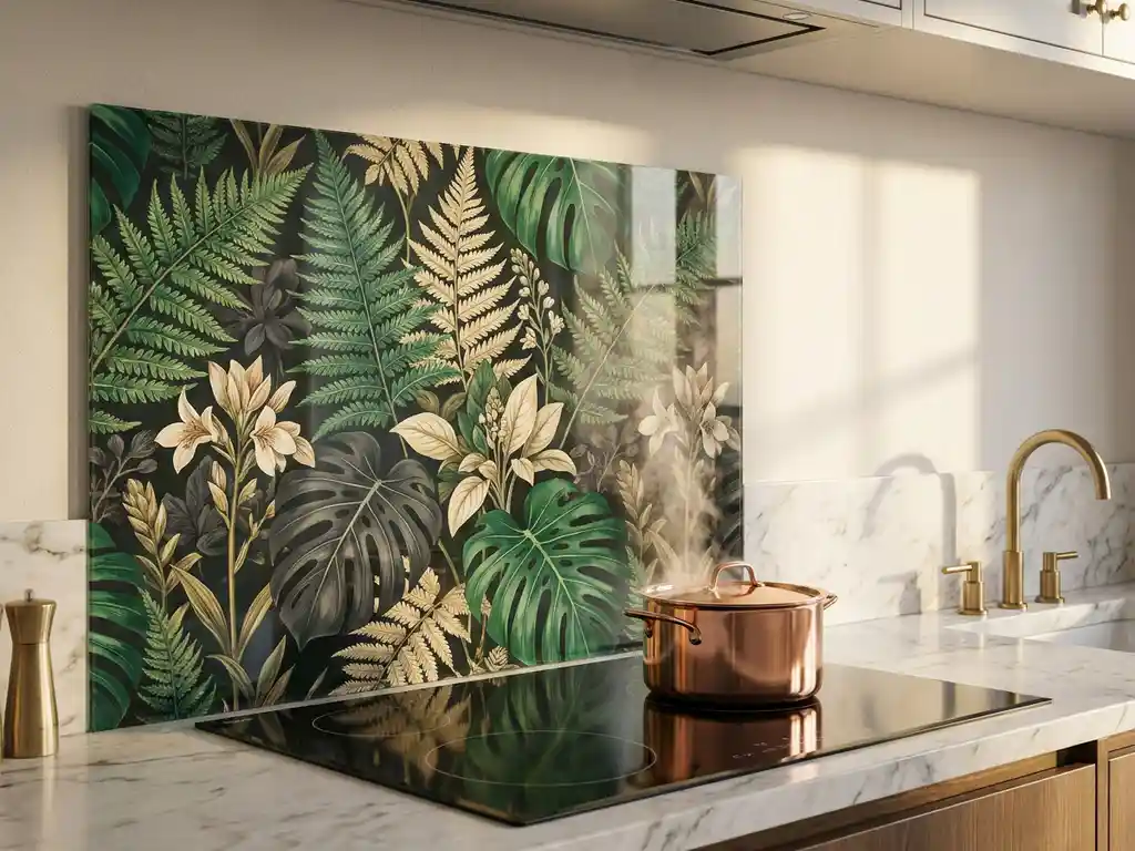 Bedruckte Glasrückwand mit botanischem Muster hinter Induktionskochfeld, Kupfertopf mit Dampf, Marmor-Arbeitsplatte und Messingarmaturen.