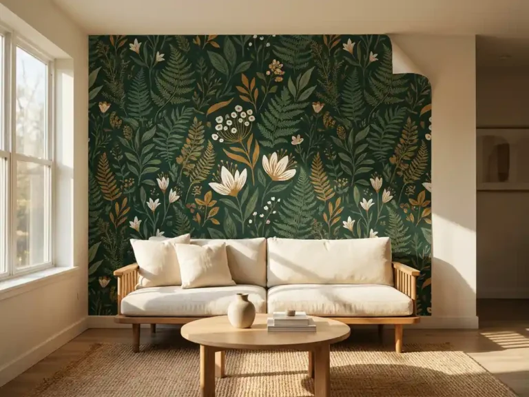 Botanisches Wandbild in Dunkelgrün auf Akzentwand im hellen Wohnzimmer mit skandinavischen Eichenmöbeln und warmem Nachmittagslicht.