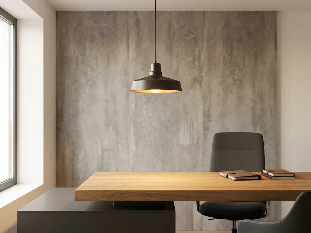 Modernes Büro mit Betonoptik-Wandpaneel, Eichenholzschreibtisch und warmem Pendelleuchten-Licht im skandinavischen Stil.