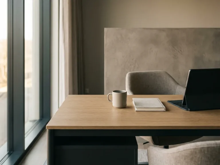 Moderner Büroschreibtisch mit gebürsteter Eichenfolie, Betonoptik-Wand und weichem Tageslicht in warmen Greige- und Anthrazittönen.