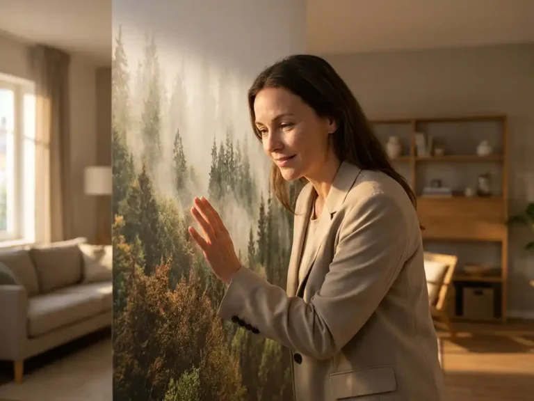 Designerin begutachtet fotorealistische Waldtapete im Wohnzimmer mit mattem Premium-Finish und satten Grün- und Holztönen.