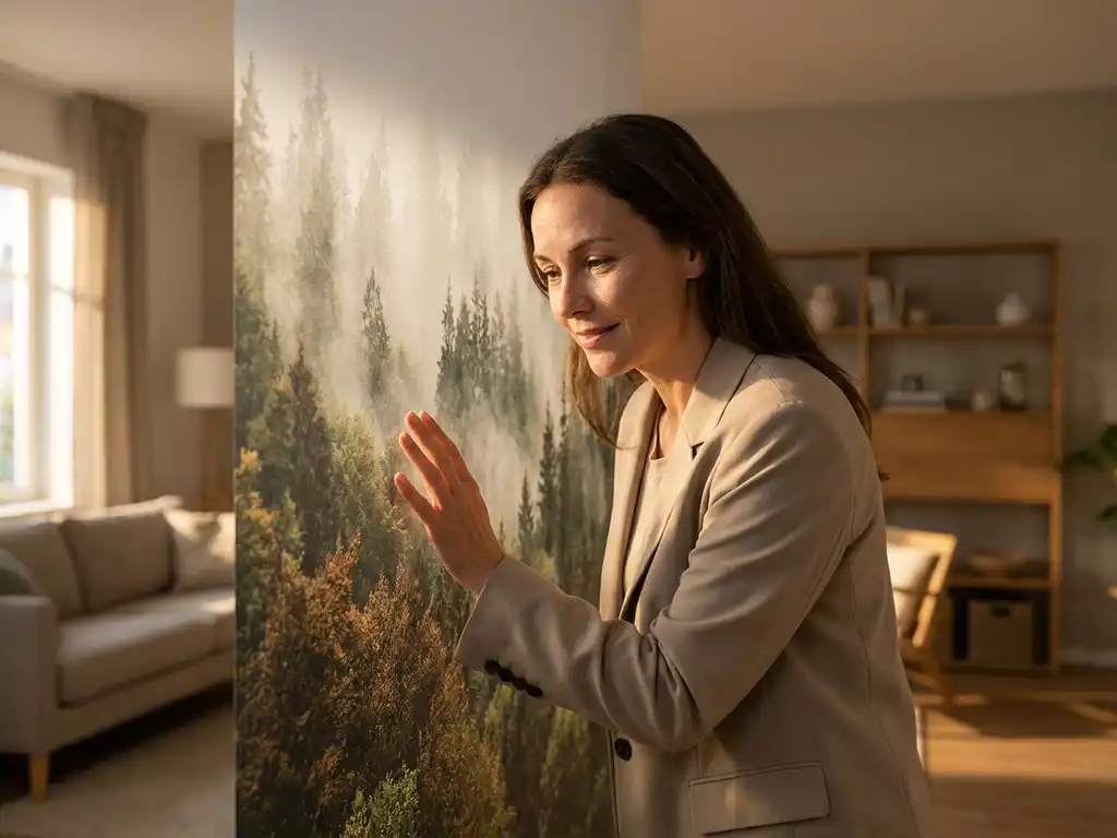 Designerin begutachtet fotorealistische Waldtapete im Wohnzimmer mit mattem Premium-Finish und satten Grün- und Holztönen.