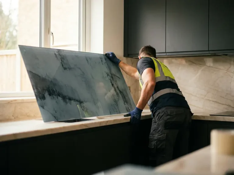 Lieferbote mit Arbeitshandschuhen stabilisiert großformatige Glasrückwand mit Marmoroptik in moderner Küche mit matter Kabinetrie.