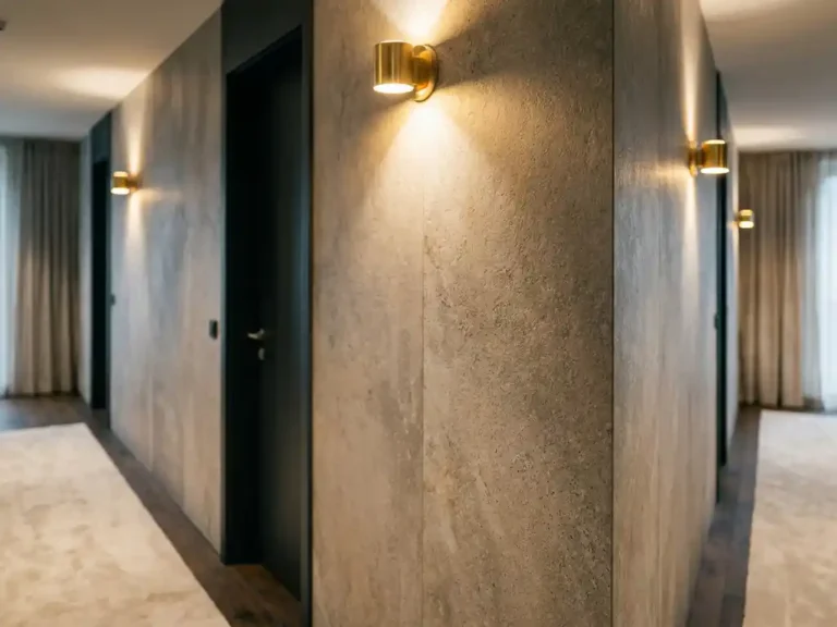 Hotelkorridor mit großformatiger Steinoptik-Oberflächenfolie, warmem Wandleuchten-Licht und anthrazitfarbenen Akzenten.