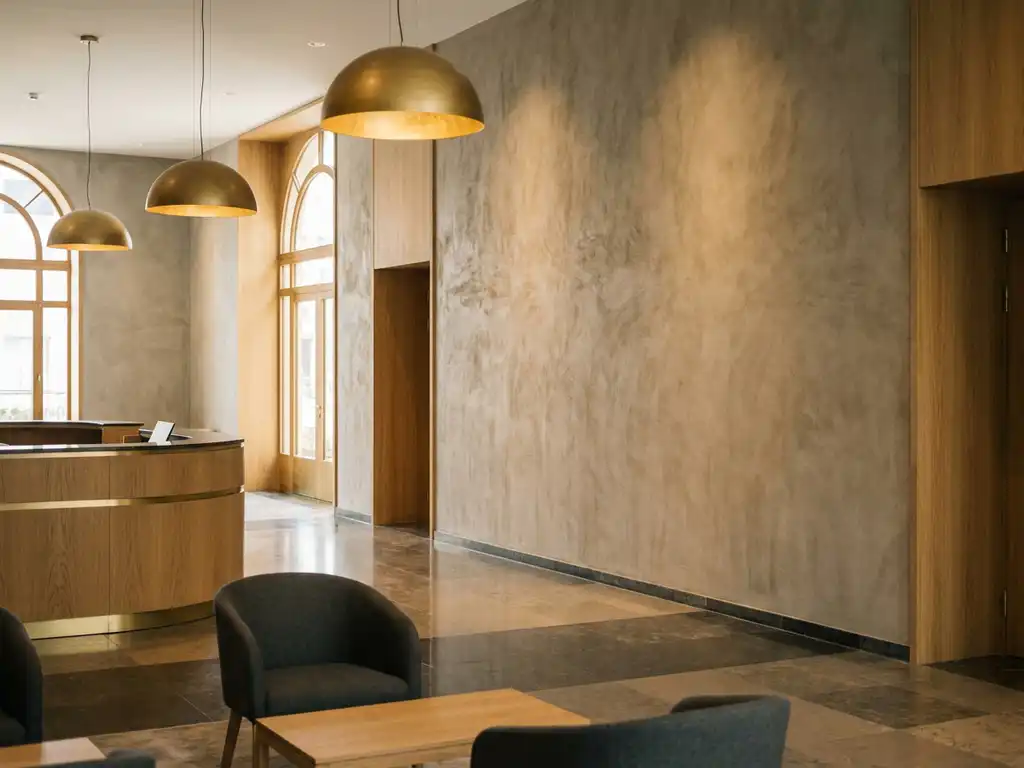 Hotellobby mit betonoptischer Wandfolie in Greigetönen, poliertem Steinboden und warmem Pendelleuchten-Ambiente.