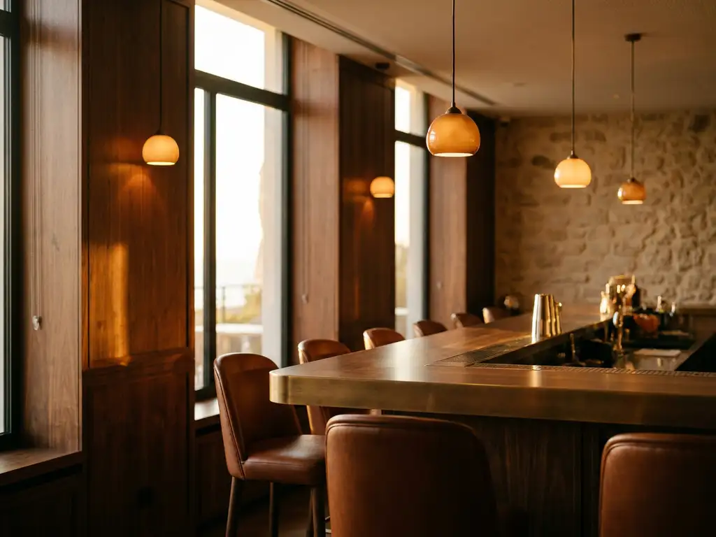 Elegante Hotelbar mit Walnussholzvertäfelung, cognacfarbenen Lederhockern und warmem Pendellichtern in goldener Atmosphäre.