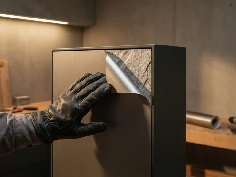 Handwerker klebt gebürstete Metallfolie auf anthrazitfarbene Schranktür, darunter sichtbare Steinstruktur-Oberfläche.