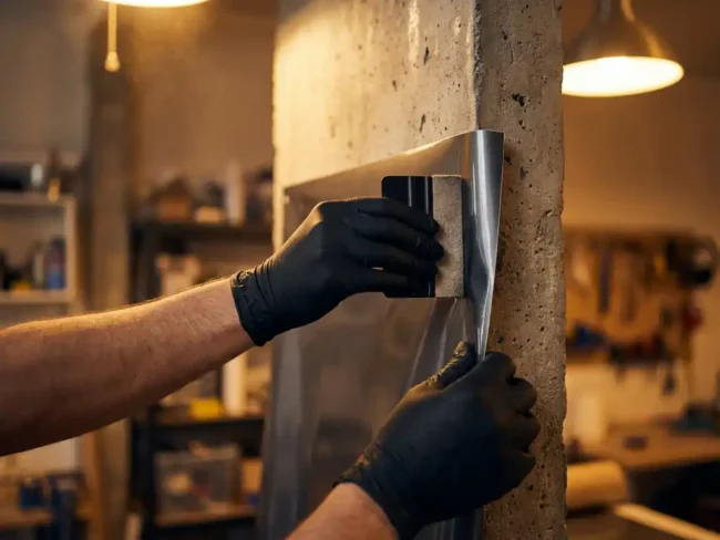 Techniker glättet selbstklebende Vinylfolie mit Rakel auf rauer Sichtbetonwand, Kontrast zwischen matter Betonstruktur und glänzender Folie.