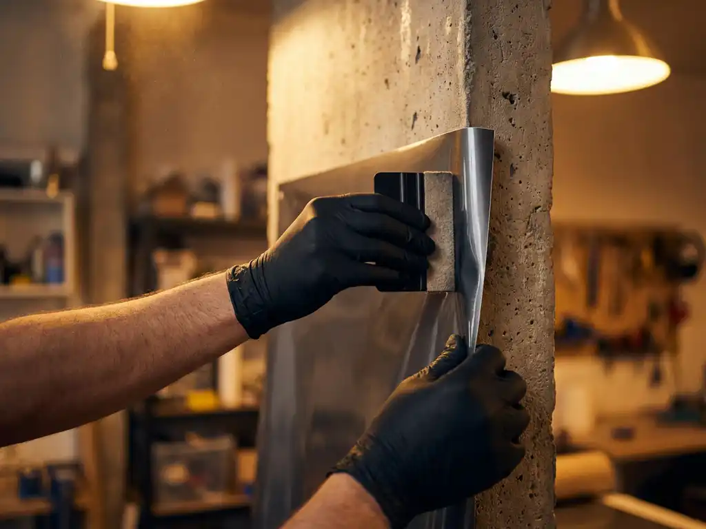 Techniker glättet selbstklebende Vinylfolie mit Rakel auf rauer Sichtbetonwand, Kontrast zwischen matter Betonstruktur und glänzender Folie.