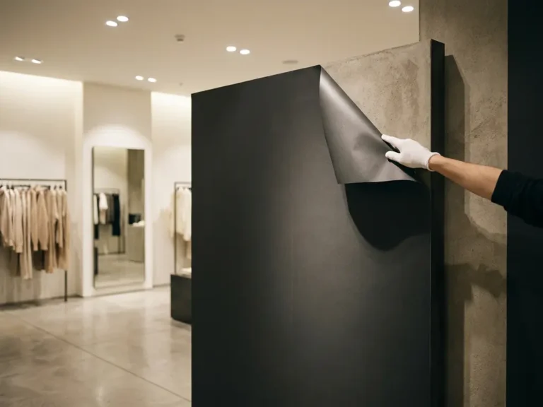 Selbstklebende Oberflächenfolie mit Betonoptik wird auf eine Wandverkleidung in einem minimalistischen Boutique-Interieur aufgetragen.