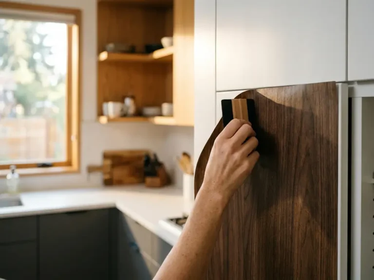 Hand glättet selbstklebende Holzmaserungsfolie auf Küchenschranktür mit Rakel, modernes Interieur im warmen Nachmittagslicht.