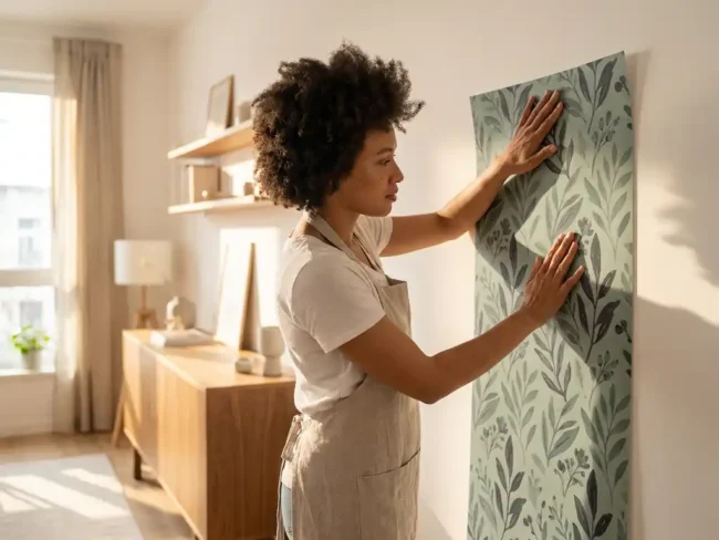 Innendesignerin klebt selbstklebende Vinylfolie mit botanischem Muster auf Wohnzimmerwand in skandinavischem Stil mit Eichenmöbeln.