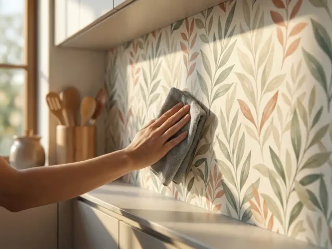 Küchenspiegel mit botanischem Vinyl-Wrap in Salbeigrün und Terrakotta wird mit feuchtem Mikrofasertuch gereinigt.