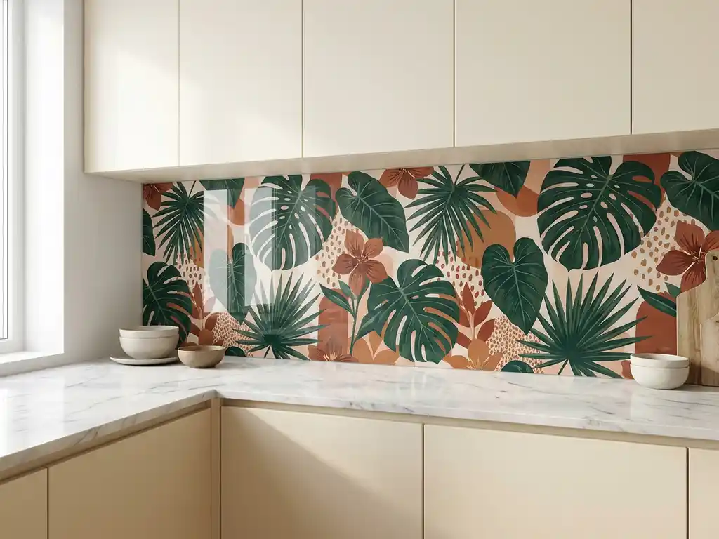 Bedruckte Glasrückwand mit tropischem Blattmotiv in Waldgrün und Terrakotta zwischen weißen Marmor-Arbeitsplatten und heller Küchenzeile.