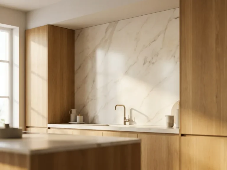 Moderne Küche mit großformatiger Marmor-Küchenrückwand, natürlicher Eiche und warmem Morgenlicht.
