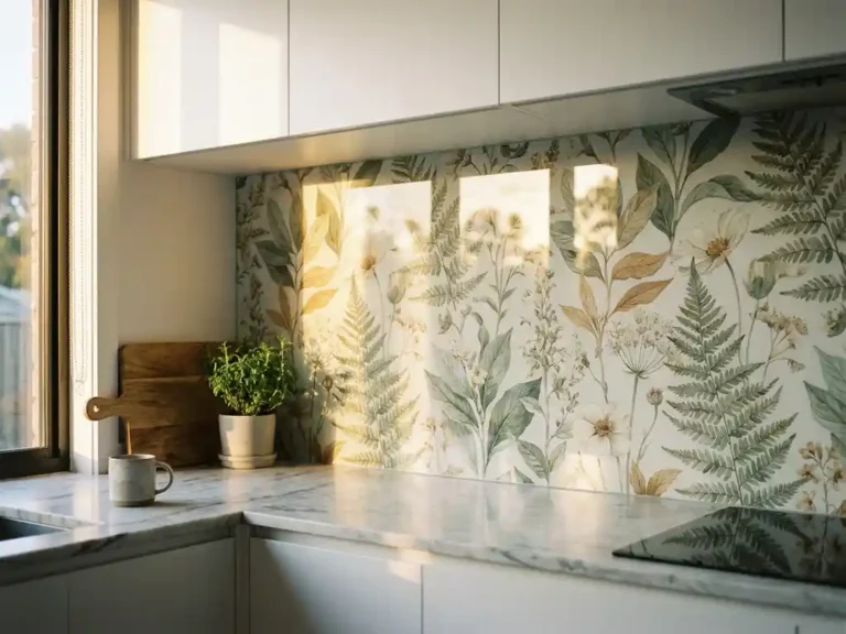 Bedruckte Küchenrückwand mit botanischem Muster zwischen weißen Schränken und Marmorarbeitsplatte im Morgenlicht.