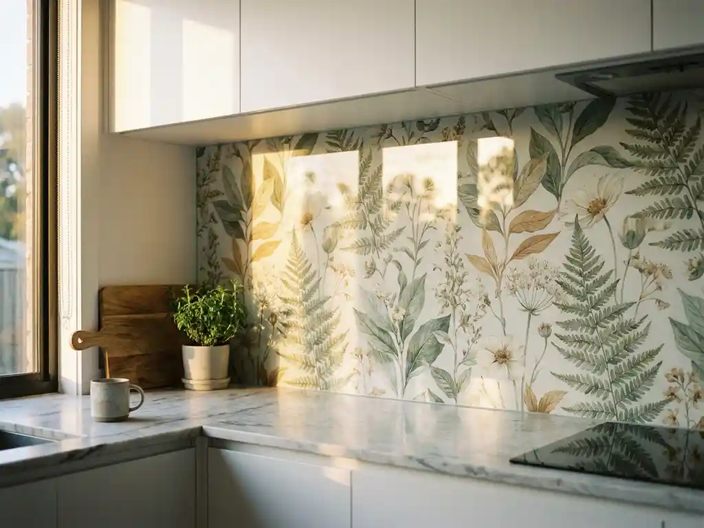 Bedruckte Küchenrückwand mit botanischem Muster zwischen weißen Schränken und Marmorarbeitsplatte im Morgenlicht.