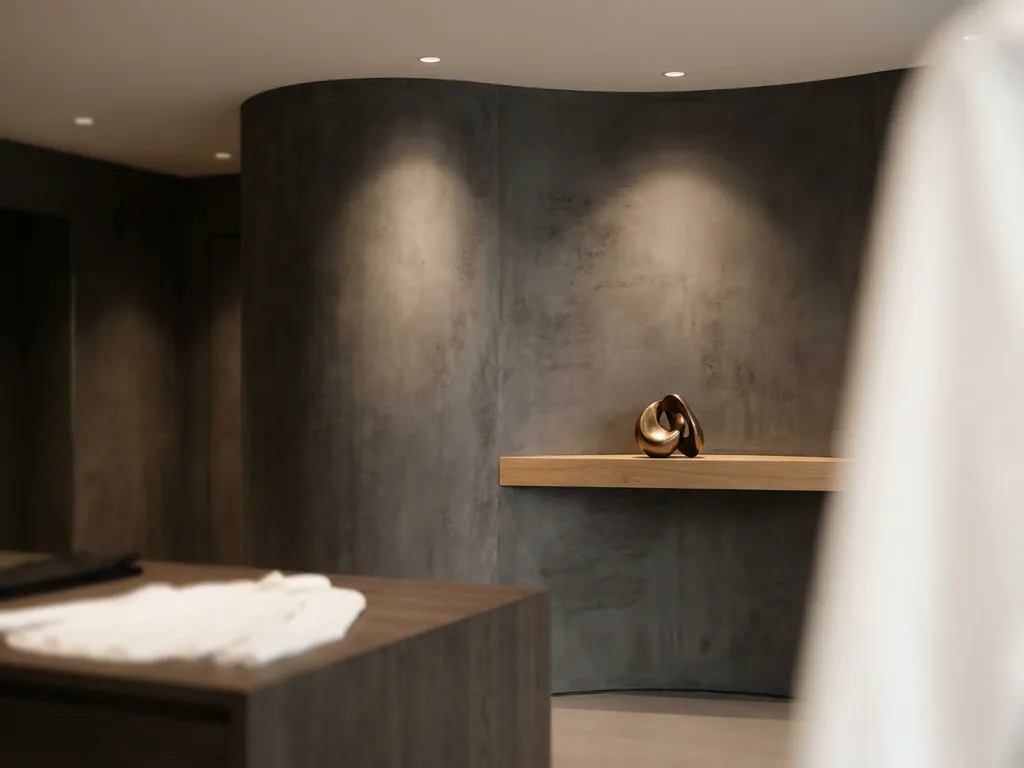 Luxuriöse Ladeneinrichtung mit betonoptischer Wandfolie, warmem Spotlicht und minimalistischem Holzregal mit Designobjekt.