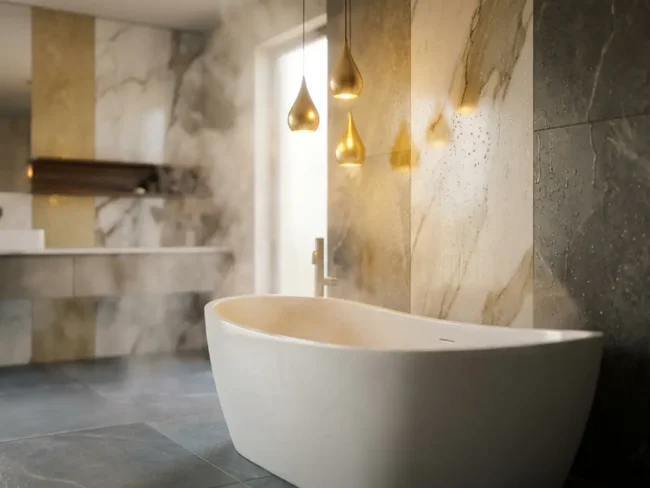 Modern luxury bathroom with large-format marble wall panels, freestanding bathtub and warm pendant lights in white, grey and gold.