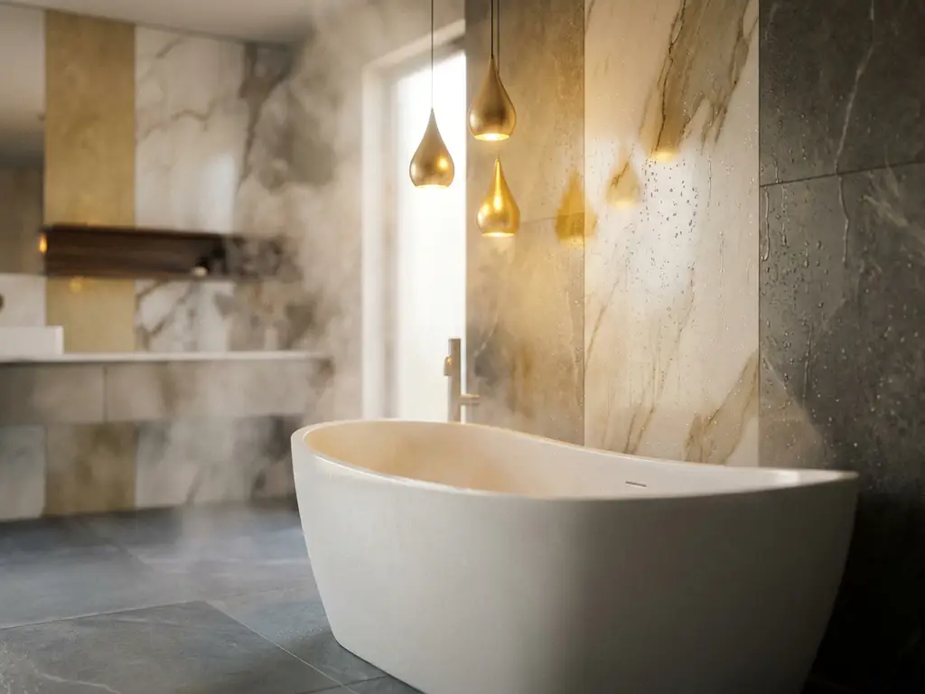 Modernes Luxusbadezimmer mit großformatigen Marmor-Wandpaneelen, freistehendem Badewanne und warmem Pendelleuchten in Weiß, Grau und Gold.