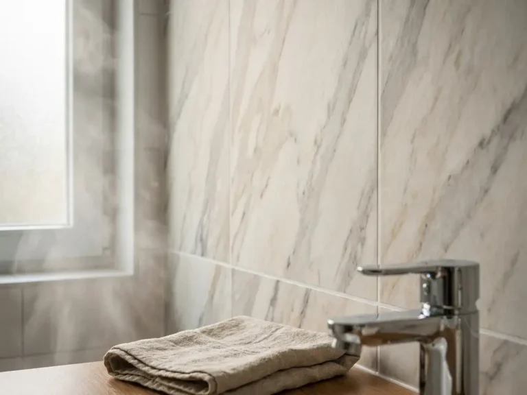 Badezimmerwand mit nahtlos verklebter Vinyl-Klebefolie in Marmoroptik, Chromarmatur und gefaltetes Leinentuch im Vordergrund.