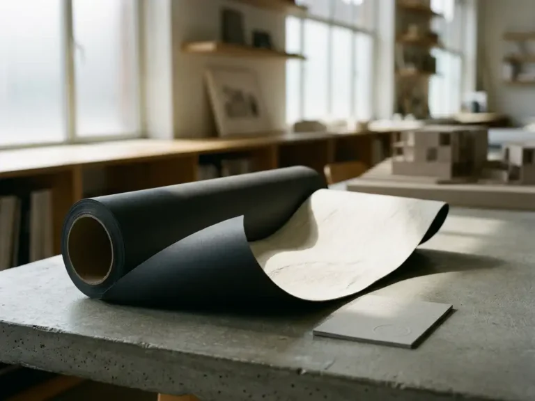Matte Oberflächenfolie mit Steinstruktur auf Betonschreibtisch, teilweise aufgerollt, mit Zertifizierungskarte daneben.