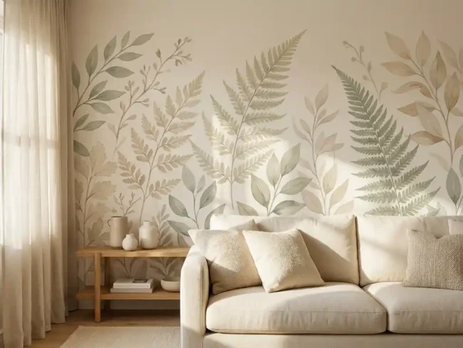 Skandinavisches Wohnzimmer mit botanischer Fototapete in Elfenbein und Salbeigrün, Leinensofa und Eichenregal im warmen Nachmittagslicht.