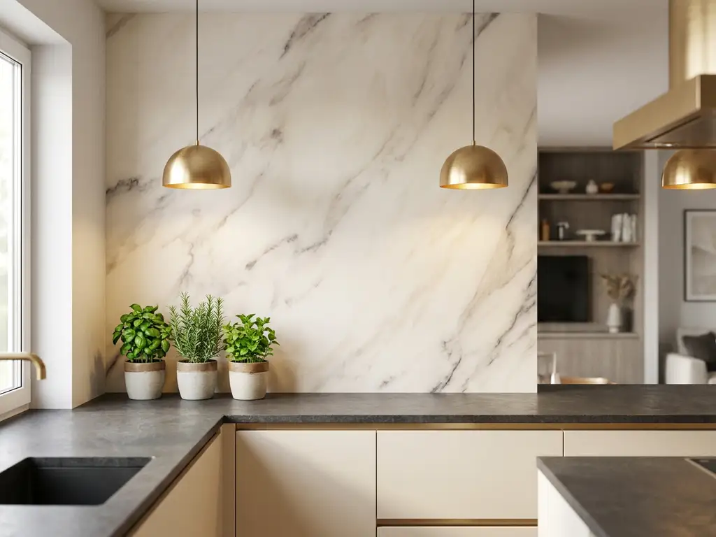 Moderne Küche mit Marmor-Wandmural als Küchenrückwand, Pendelleuchten in Goldtönen, Steintheke und Kräutern in Keramiktöpfen.