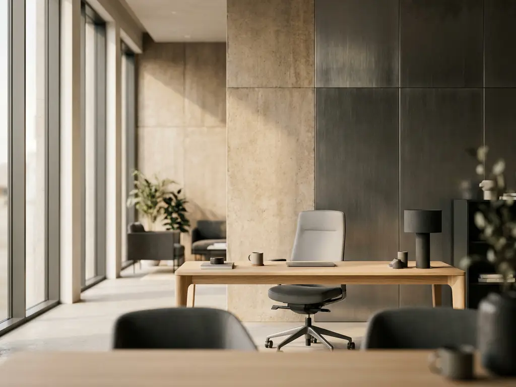 Ergonomischer Einzelarbeitsplatz in modernem Open-Plan-Büro mit Betonwänden, Eichenholzschreibtisch und Anthrazit-Akzenten im Tageslicht.