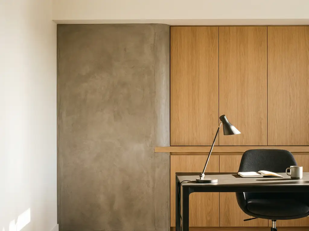 Modernes Büro mit Betonwandpaneel, das in warmes Eichenholz übergeht, minimalistischer Schreibtisch unter architektonischer Beleuchtung.