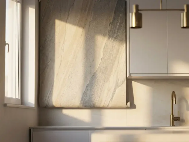 Selbstklebende Rollo-Folie mit Steinoptik auf Küchenrückwand, weiße Schränke und Messingarmaturen im Hintergrund.