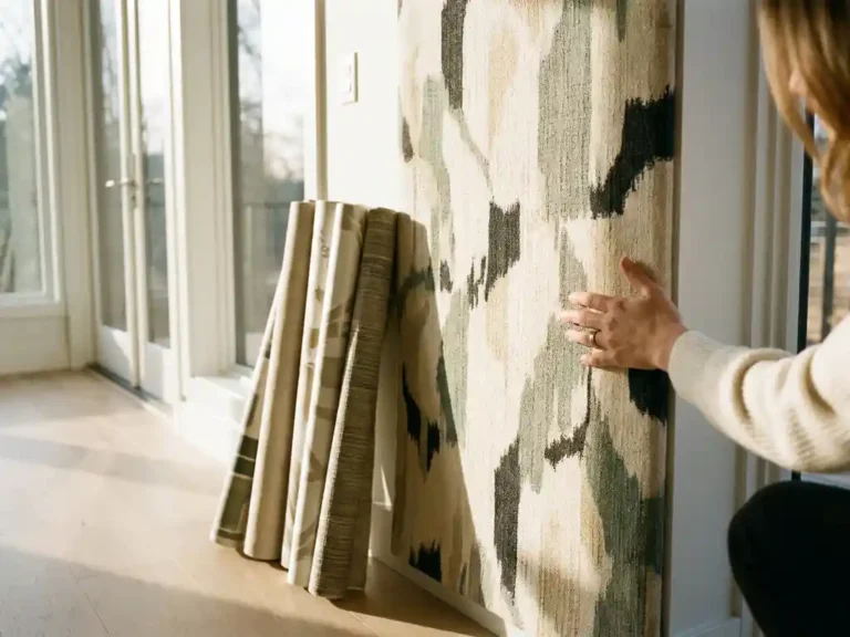 Designerin befestigt bedrucktes Textil-Wandpanel in hellem Wohnzimmer, umgeben von Materialmustern in Matt-, Glanz- und Stoffoberflächen im warmen Nachmittagslicht.