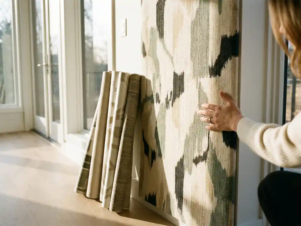 Designerin befestigt bedrucktes Textil-Wandpanel in hellem Wohnzimmer, umgeben von Materialmustern in Matt-, Glanz- und Stoffoberflächen im warmen Nachmittagslicht.