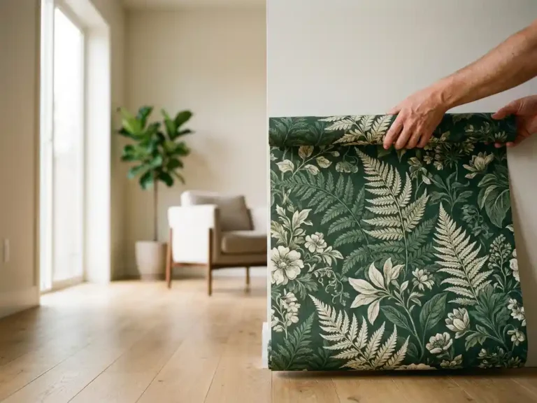 Vlies-Tapetenbahn mit botanischem Muster in Waldgrün und Elfenbein wird in modernem Wohnzimmer mit Natureiche-Boden entrollt.