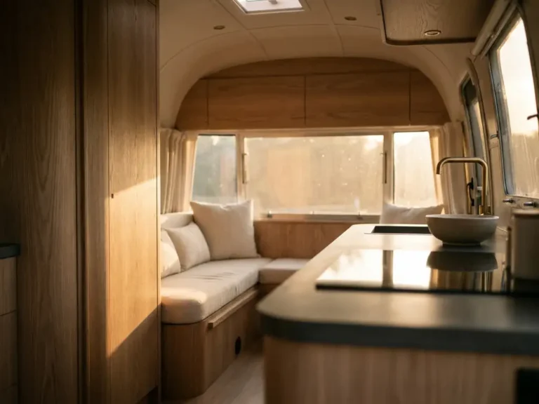 Wohnwagen-Innenraum mit gebürsteten Holzpaneelen, anthrazitfarbener Arbeitsplatte und cremefarbenen Leinenkissen im goldenen Abendlicht.