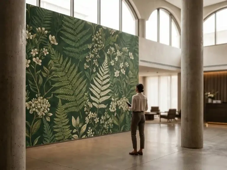 Innenarchitektin betrachtet großformatige botanische Tapete in Hotellobby mit tiefen Grüntönen und Betonsäulen.